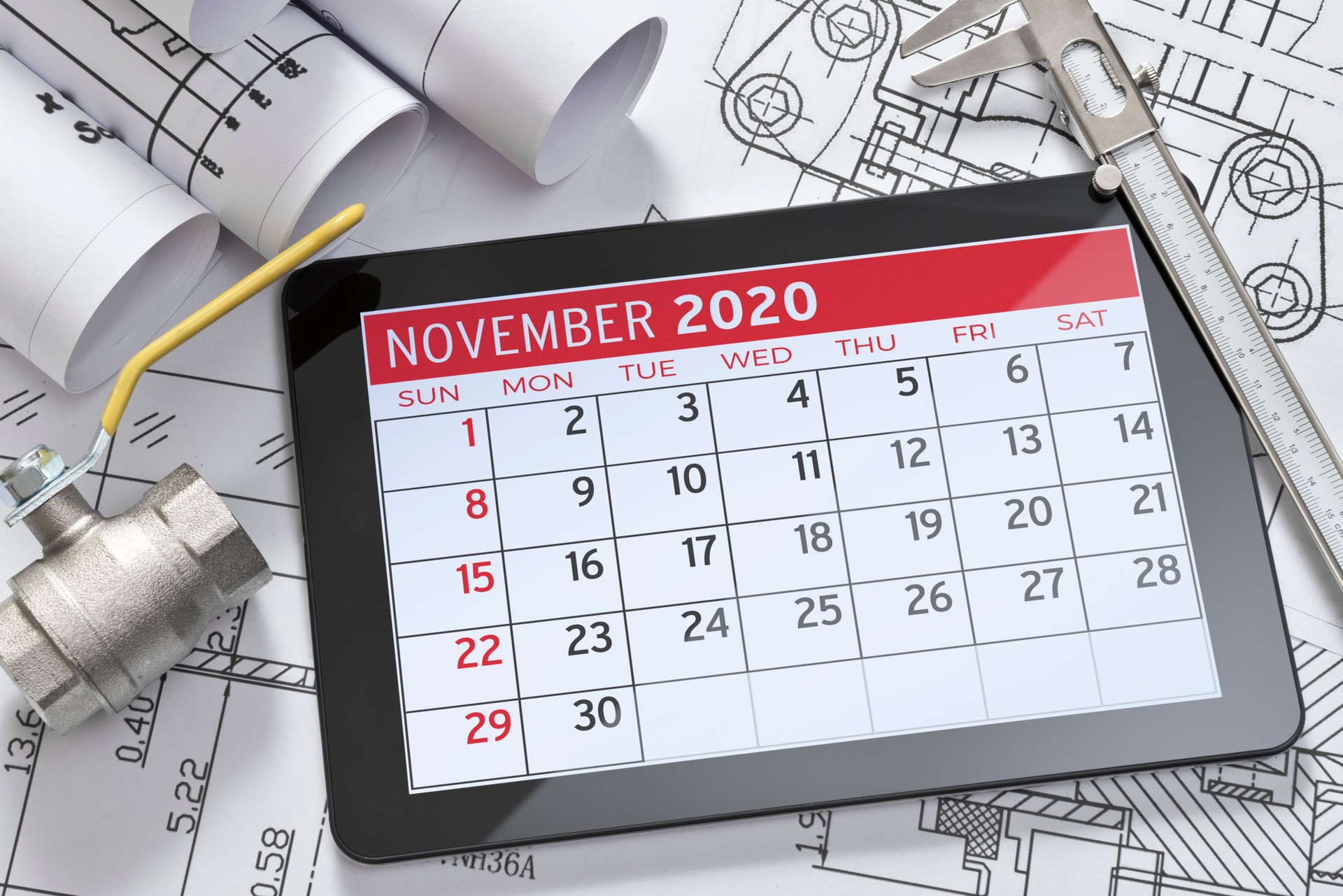 2020 monthly digital calendar on digital tablet screen.