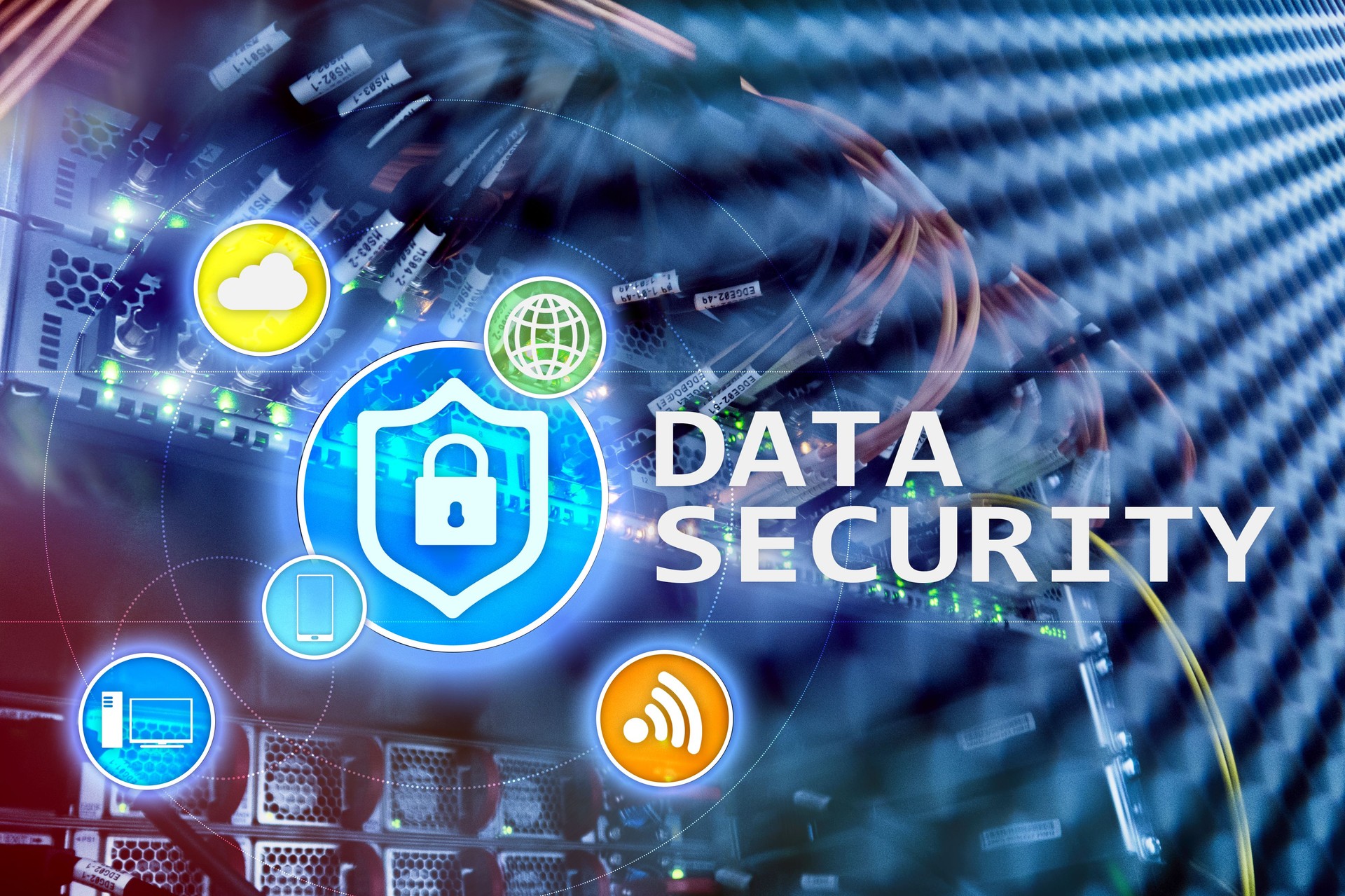 Data security, cyber crime prevention, Digital information protection. Lock icons and server room background.