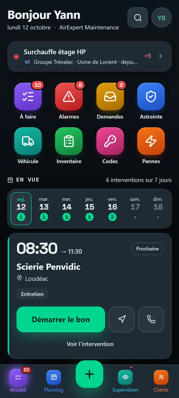 L’écran Aujourd’hui de l’application mobile : alarmes, demandes, interventions de la semaine