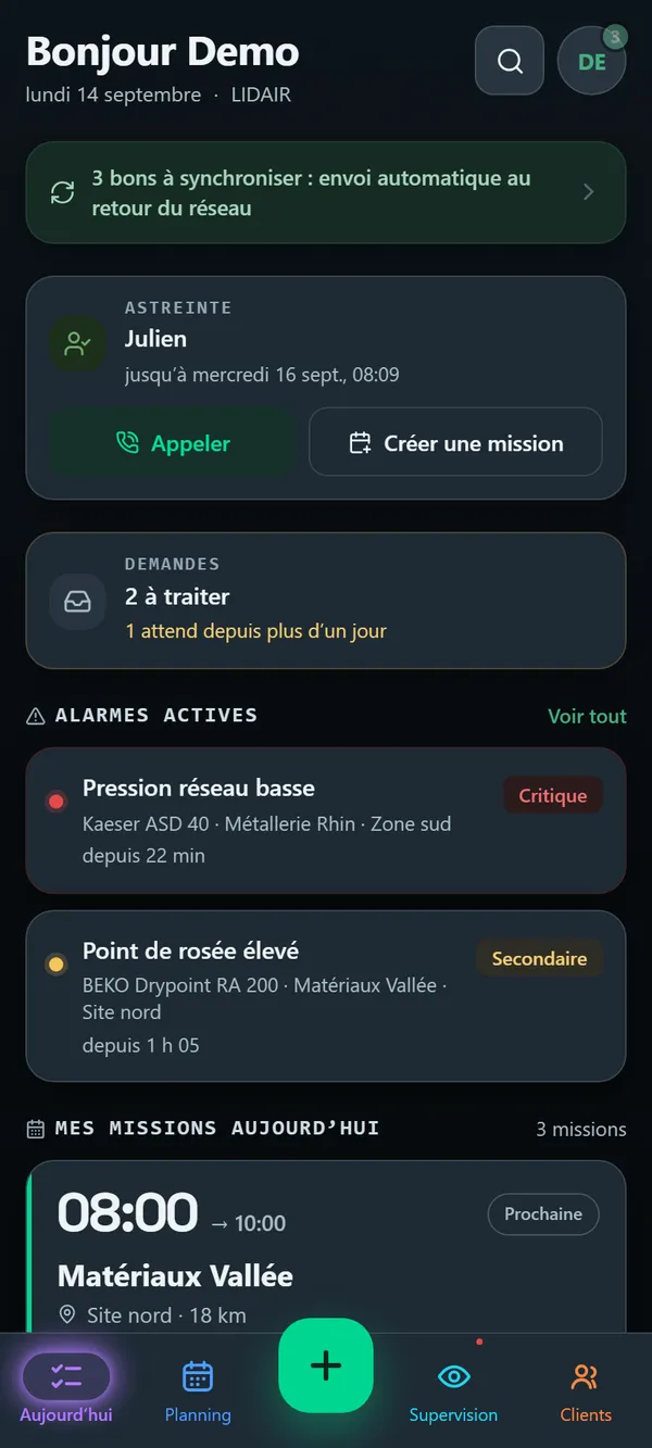 Écran Aujourd'hui de l'application : technicien d'astreinte, demandes à traiter, alarmes actives, missions du jour.