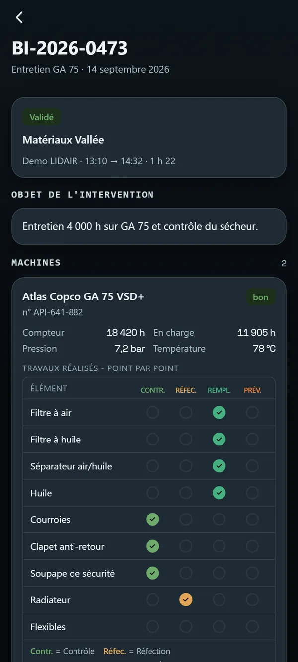 Bon d'intervention rempli sur l'application SEENTINEL, avant signature du client.