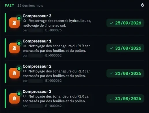 L’écran Entretien de la centrale : les interventions faites, avec leur date et leur numéro de bon
