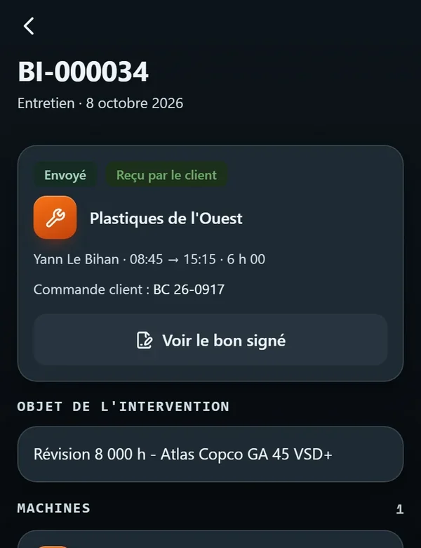 Le bon BI-000034 sur l’application mobile : envoyé, reçu par le client, voir le bon signé
