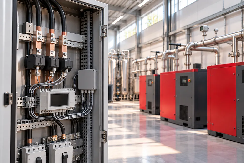 Armoire électrique d’une salle des compresseurs, porte ouverte : capteurs de courant et compteur d’énergie sur les départs des compresseurs.
