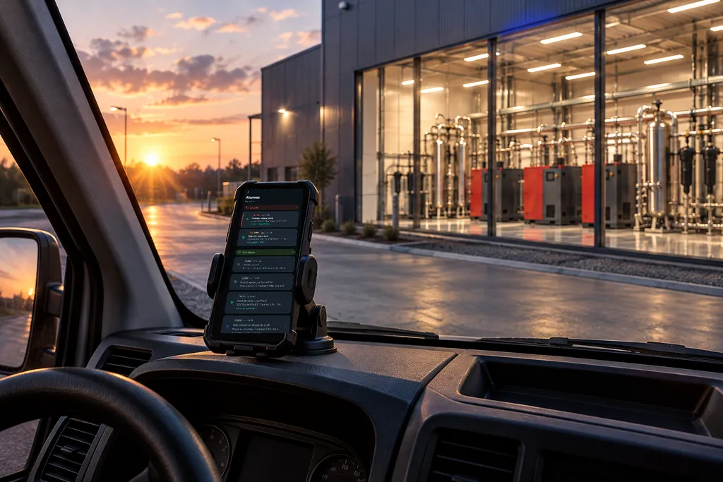 À l’aube, depuis la cabine d’un véhicule de maintenance : le téléphone affiche les alarmes de l’application, l’usine et sa salle des compresseurs derrière le pare-brise.