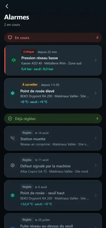 Application SEENTINEL sur téléphone, données de démonstration : les alarmes en cours, par gravité.
