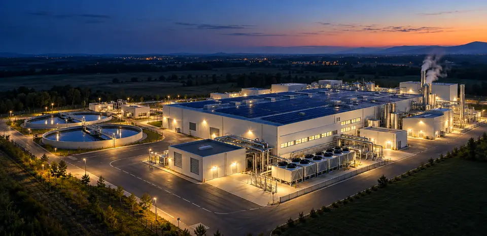 Site industriel au crépuscule vu de drone : station d’épuration, ateliers de production sous panneaux photovoltaïques, local des compresseurs, groupes froids et chaufferie.